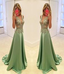 Prom Dresses Plunging V Neck Olive Green Satin Lace Appliques Beaded Illusion Long Evening Gowns Wear Plus Size Formal Party Dress3294160