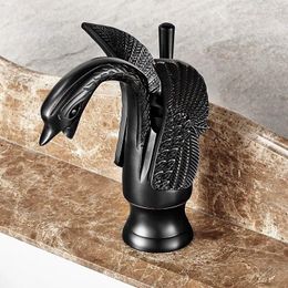 Bathroom Sink Faucets Black Oil Rubbed Brass Animal Swan Style Basin Mixer Tap Faucet Single Hole One Handle Mnf030