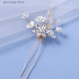 Tiaras Fashion Gold Flower Rhinestone Hairpin Bridal Headdress Handmade Pearl Wedding Hairdress Bride Hair Accessories Jewellery Woman Y240319