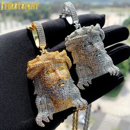 Iced Out Bling CZ Religious Jesus Head Pendant Necklace Gold Colour 5A Zircon Faith Chamr Mens Hip Hop Jewellery 240311