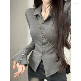 Women's Blouses Temperament Fashion Polo Neck Shirt Women Flared Sleeves Single Breasted Spicy Girl Korean Gentle Solid Slim Spring Chic Top