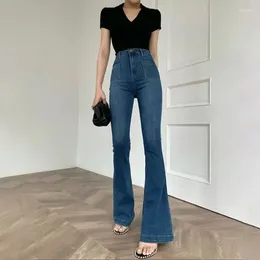 Women's Jeans Girl Vintage Dark Blue Denim Pants Flare For Women High Waist Slim Thin Skinny Long Fashion Fitting Trousers