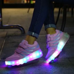 Shoes New LED Double Wheels Designer Sneakers for Kids Boys Girls USB Luxury Luminous Roller Skates with Lights Kids Shoes 998
