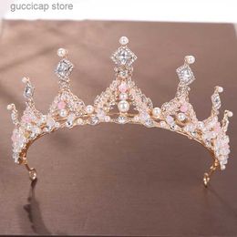 Tiaras New Wedding Crown Pearl Rhinestone Crystal Crown Golden Crown Headdress Princess Crown Bride Wedding Hair Accessories Headdress Y240319