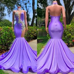 Abiti da ballo a sirena viola di cristallo Abito da sera lungo senza schienale con scollo all'americana Ragazze nere Abiti da festa con perline Robe Soiree Abiti da notte Abaya Bc15309 2024