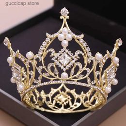 Tiaras Trendy Gold Colour Pearl Crystal Bride Prince Crown Wedding Hair Accessories Jewellery Rould Tiara Crown Fashion Women Accessories Y240319