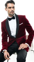 Solovedress New 2 Pieces Burgundy Men Suit Wool Velvet Groomsman Tuxedos Jacket Trousers Set Formal Wedding Mens Suits1408767