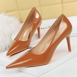 Pumps Women 7.5cm 10.5cm High Heels Wedding Bridal Pumps Lady Scarpins Metallic Leather Stiletto Middle Low Heels Nude Office Shoes