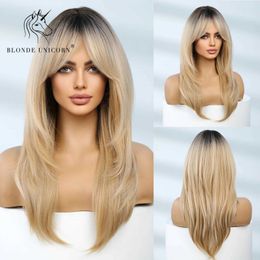 Synthetic Wigs Blonde Unicorn Synthetic Medium Long Straight Brown Blonde Wig For Women Cosplay Daily Party Wigs Heat Resistant False Hair 240328 240327
