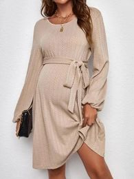 Maternity Womens Jacquard Knit Puffy Sleeve Dress With Belt Pregnancy Women Clothes For Fall Winter 240311