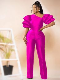 Women Jumpsuits Shiny Skew Collar Puff Sleeves High Waist Slim Elegant Office Ladies Summer Fashion Party Elegant 240328