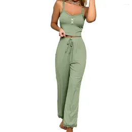 Women's Two Piece Pants Sleeveless Pyjamas Elegant Lace Trimmed Pyjama Set With Shirred Drawstring Waist Low-cut V-neck Tank Top Summer