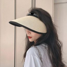 Wide Brim Hats Woven Empty Top Cap Simple Letter UV Protection Straw Big Visor Hat Sun Summer