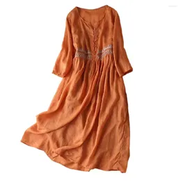 Casual Dresses Half-open Button Dress Women Midi Bohemian Embroidered With O-neck Long Sleeves Vintage Ethnic Style For Summer