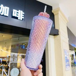 Water Bottles Cold Drink Cup Cross-border Amazon Same Style Grid Straw Crown Valentine Day Limited Double Layer Studded Plastic Durian