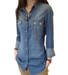 Womens Chambray Shirt Top denim Shirts and Blouses Long Sleeve Snap Button Cotton Ladies Shirt Camisa Blusa Camisetas Femininas1963753