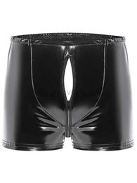 Underpants S-5XL Shiny Faux PU Leather Open Butt Boxershorts Zipper Open Crotch Boxer Men Calzoncillo Tights Hot Sexy Underwear Boxershorts 24319