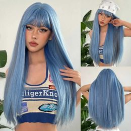 Synthetic Wigs Blue with Grey Highlight Long Straight Synthetic Wigs with Bangs Cosplay Hairs Wig for Women Daily Natural Heat Resistant 240329