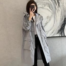 Plus Size S-3XL Women Trench Jacket Long Hooded Windbreaker Zipper Drawstring Waist Spring Autumn Chic Fashion Casual Loose Coat 240329