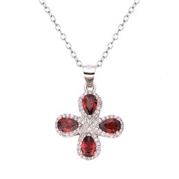 Silver Sterling Four Leaf Clover Necklace Inset Natural Garnet Topaz Diopside Gem High Grade Pendant Wholesale