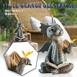 Cute Little Dragon Dinosaur Meditation Reading Book Sculpture Figure Garden Home Decoration Resin Ornament Outdoor Decor 240329