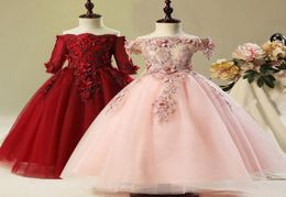 lace Flower Girl Bead Decoration Long Dress 2019 New Girl Ball Gown pageant Wedding Party Exchange Dress Ball Beauty Sexy Shoulder7255315