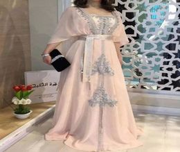 Gorgeous Pink Muslim Caftan Evening Dresses with Sleeves Chiffon Appliques Lace Islamic Dubai Saudi Arabic Long Prom Dresses Forma9400482