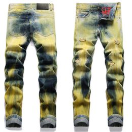 Yellow Mens Robin Jeans Ripper Denim Long Pants Skinny fit Slim Men's stretch Jean Distressed Designer Holes Trouser Top Quality size 29-38