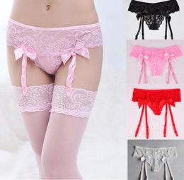 Women Nonremoveable Classic Lace and Mesh Garter Belt with Satin Bows Sexy Lingerie Sheer Accessories Red White Black Pink S6731699