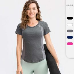 LU-216 Womens Yoga Tops Short Sleeve Round Neck Sports T-shirt Mesh Breathable High Elastic Fast Dry Running Fitness Tees