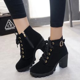 Boots Women's Ankle Boots Autumn Solid Color Lace Up Chunky Heeled Comfortable Plus Size Walking Fashion Shoes Chaussures Femme