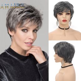 Wigs AHAIRZ Synthetic Grey White Short Bob Curly Wig With Bangs No Lace Wigs For Women Cosplay Daily Wear Pixie Cut Fake Hair