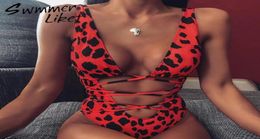 Red leopard Brazilian swimsuit one piece Plus size sexy bikini 2020 Push up swimwear women string monokini High cut bathing suit B2624085