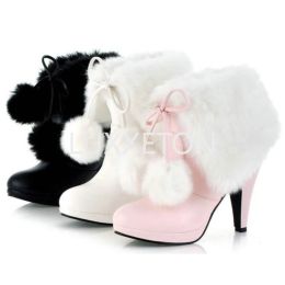 Boots 2023 Winter Womens Fashion High Heel Boots Pink White Black Fur Tassel Bowtie Lovely Lolita Ladies Party Wedding Shoes Size3243