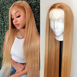 Synthetic Wigs Human Chignons Honey Blonde #27 Human Hair Wig Pre plucked 13X4 HD Lace Front Wig Human Hair Wig Transparent Straight Lace Front Wig For Women 240327