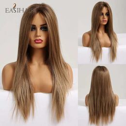 Synthetic Wigs EASIHAIR Long Silky Straight Brown Blonde T Part Lace Wigs with Baby Hair High Density Heat Resistant Synthetic Wigs for Women 240328 240327