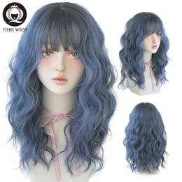 Synthetic Wigs 7JHH WIGS Blue Deep Wave Wig With Bangs For Women Long Omber Brown Hair Layered Heat Resistant Cosplay Party Synthetic Wig 240328 240327