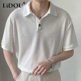 Summer Men Solid Colour Tops Korean Style Button Polo Shirts Fashion Casual Loose Lapel Polo Shirts Mens Clothing 240312