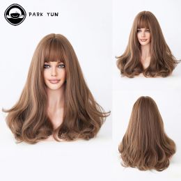 Wigs Natural Honey Light Brown Daily Wig Long Wave Women Wig with Bangs Cosplay Party Lolita Heat Resistant Synthetic Wigs Fake Hair