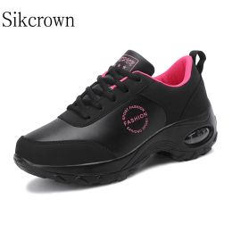 Shoes Black Sneakers Sport Woman Platform Thick Sole Leather Soft Air Cushioning Shoes Damping Running Shoes Non Slip Ladies Trainers