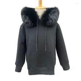 Women's Hoodies 2024 Autumn Winter Hoodie Kids Fleece Pullover With Removable Real Fur Hood Lady Sweater Jackets S6493