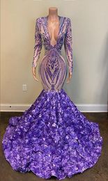 Gorgeous Plus Size Sparkly Luxury Long Sleeve Vneck Mermaid Prom Dresses Sequined Black Girls Lavender Long Evening Party Wear Go1153732