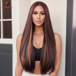 Synthetic Wigs Cosplay Wigs Long brown wig with bangs 28 womens long straight synthetic wig for daily party use 240329