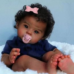 20Inch African American Doll Raven Dark Skin Reborn Baby Finished born With Rooted Hair Handmade Toy Gift For Girls 240308
