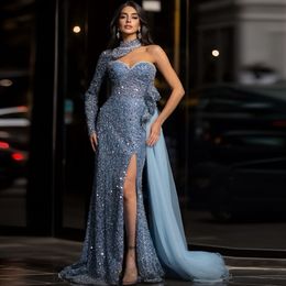 Sparking One Shoulder Mermaid Dresses 2024 Sequin Side Split Evening Gown Tulle Overskirt Arabic Dubai Robe De Soiree 415