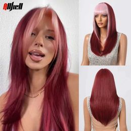 Synthetic Wigs Cosplay Wigs Straight Wine Red Synthetic Wig with Pink Highlight Cosplay Lolita Hair for Women Afro Long Pink Bangs Wigs High Temperature 240329