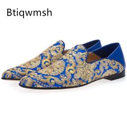 Shoes Blue Handmade Embroidered Shoes Man Round Toe Gold Flower Slip On Flats Men Luxury Wedding Shoes Men