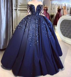 Navy Blue Formal Evening Dress Long Sleeves Sparkly Sequins Ball Gown Puffy Satin Long Prom Dresses Celebrity Pageant Gowns7573282