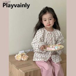 Kids Shirts Korean Style New Spring Autumn Girls Baby Doll Shirt Pink Floral Print Round Neck Puff Sleeve Blouse Fashion Kids Clothes E2332C24319