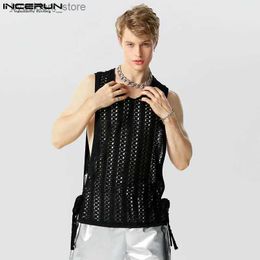 Men's Tank Tops Men Tank Tops Mesh Hollow Out Transparent V Neck Sleeveless Summer Vests Sexy Lace Up 2023 Streetwear Men Clothing S-5XL L240319